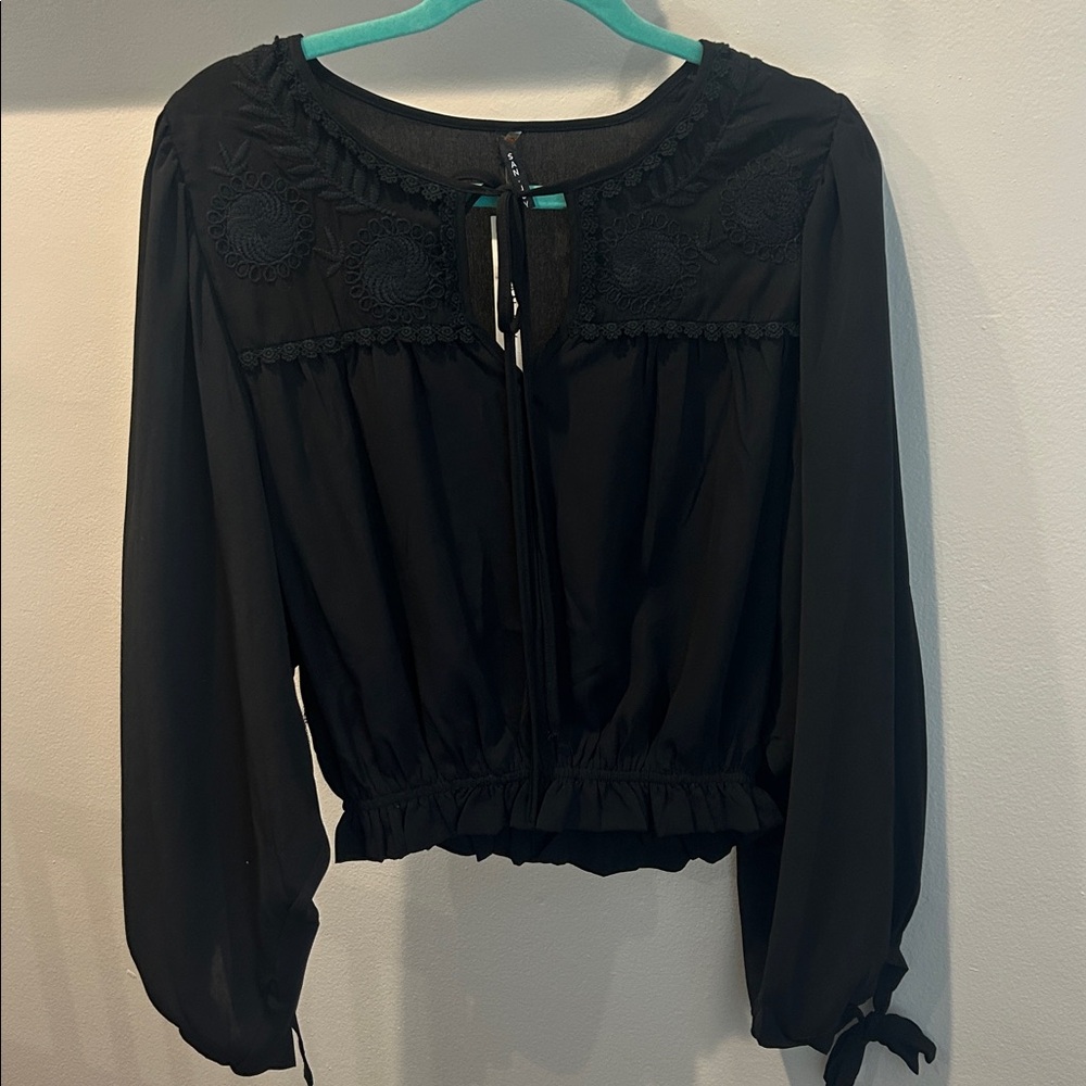 Black Long Sleeve Blouse with Embroidered Details